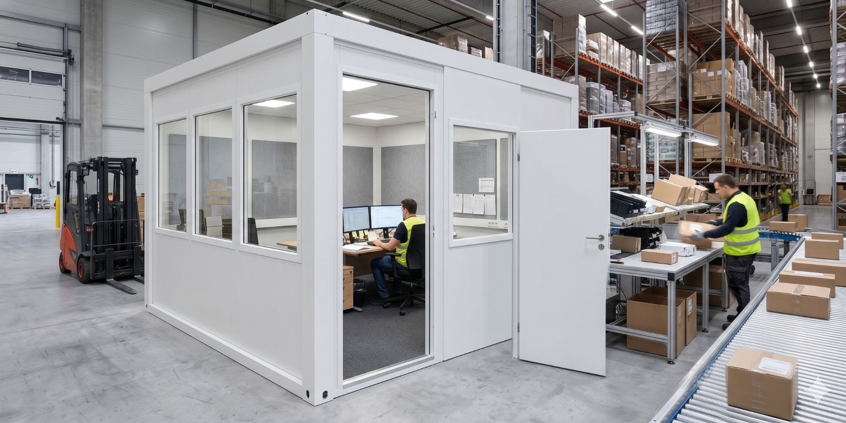 A modular hall office stands directly on the concrete floor. An employee works in it. Next to it is a busy VAS area with conveyor belts and shelves.